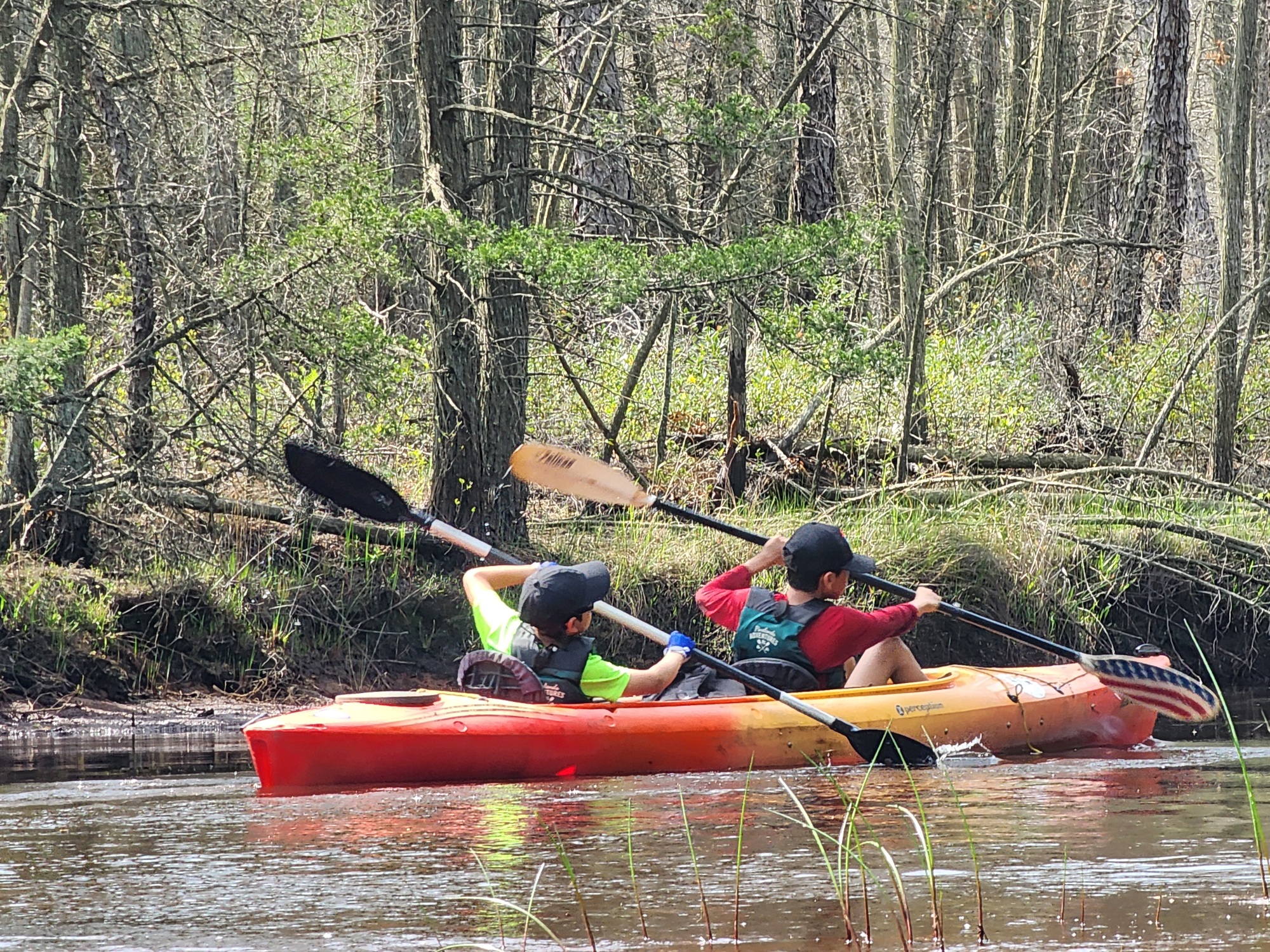 Scouts paddling a kayak on the Mullica River